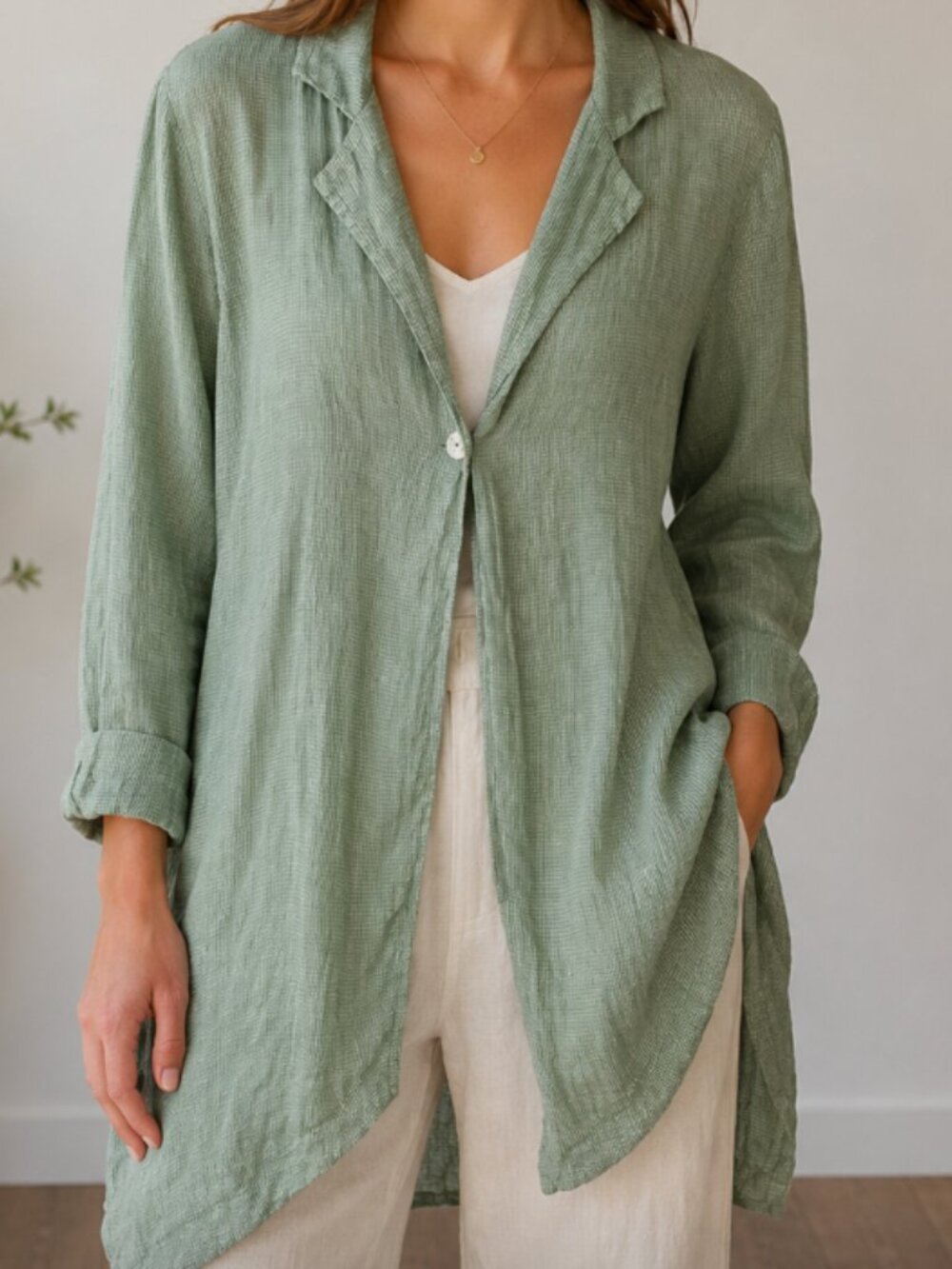 Bryn Walker Small Sage Green 100% Linen Asymmetric Lagenlook Button Jacket